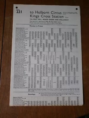 London Transport Bus Stop Timetable Panel-Route 221 1979 • £1.50