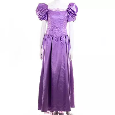 VTG USA 80's Prom Dress HUGE Puff Sleeve Party Dress Purple Satin Lace Ball Gown • $129.95