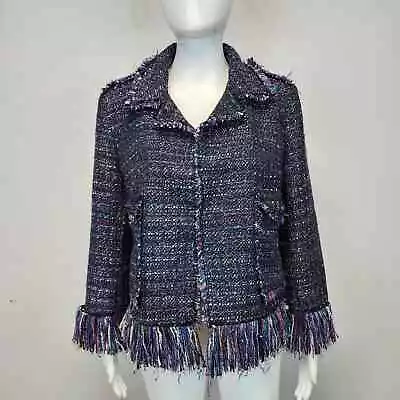 For The Republic Womens 10 Tweed Blazer Lady Jacket Blue Fringe Wool Artsy • $33.46