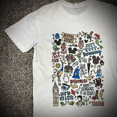 WALT DISNEY WORLD INSPIRED T-SHIRT Collage White Multicolor UNISEX ADULT SMALL • £14.47