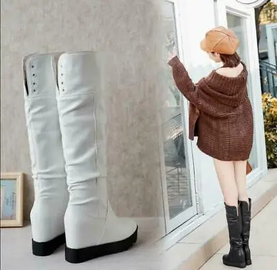 Womens Leather Knee High Boots Platform 8.5CM Hidden Wedge Heels Shoes MOON • $53.12