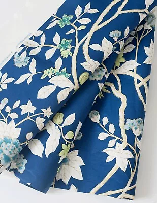 5+ Yds X 54 Quadrille  Happy Garden  Asian Chinoiserie Linen Cotton Fabric Navy • $350