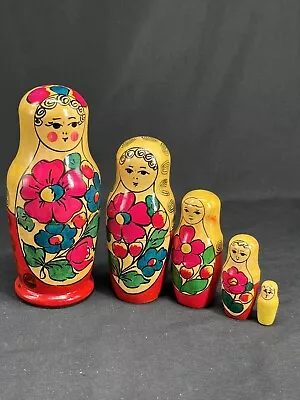 Vintage Wooden Russian Nesting Dolls Floral 5 Pc Set W/sticker • $25