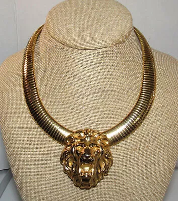 Vintage Roaring Lion Head Choker Omega Chain Statement Necklace Gold Tone • $49.98