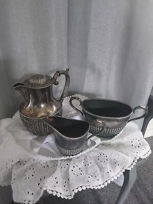 Vintage Silver Coloured Metal Set Of 3 Pieces Teapot Sugar /milk Jug • £30