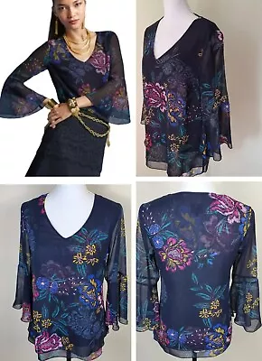 New S Cabi Olivia Sheer Blouse #3506 Floral Bell Sleeves V-Neck Dark Navy Pink • $18