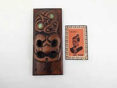 Vtg Maori Key Holder Wall Hanger New Zealand Tribal Wood Carving Abalone Inlay • $53.99