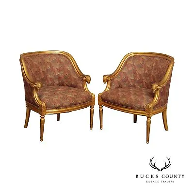 French Empire Style Gilt Rams Head  Pair Barrel Club Chairs • $2195