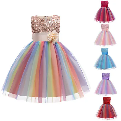 Flower Girls Party Sequins Dress Wedding Princess Dresses Xmas Gift For 2-9 Age • £9.59