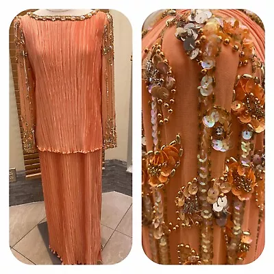 Vintage George F Couture  80s Peach Evening Sequin Bead Floral Dress S.14 • $85