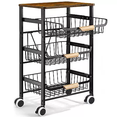 4 Tier Rolling Cart Kitchen Storage Cart With Wheels Baskets For Fruit Vegetable • $44.01