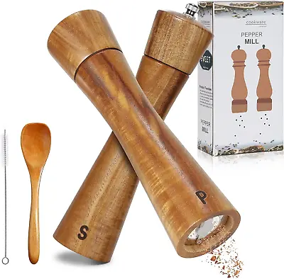 Salt & Pepper Grinder Set Adjustable Ceramic 2PCS 8   Acacia Wooden Mills  • £21.47