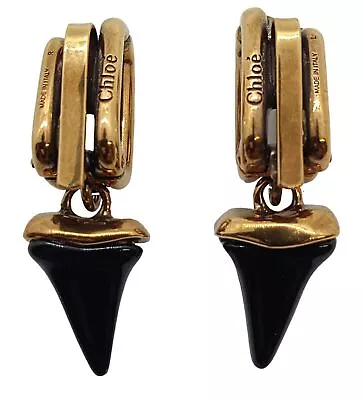 CHLOÉ Blake Earrings Shark Tooth Style Pendant Brass Lacquer Black/Gold OS NEW • £150