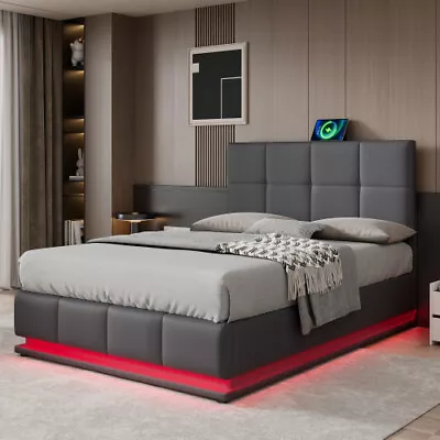 LED Ottoman Storage Bed 4ft6 Double Bed Frame PU Leather Gas Lift Up Grey HT • £296.99