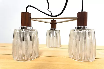 Midcentury Danish Vintage Rosewood Glass Chrome Triple Shade Pendant Light /2273 • £395