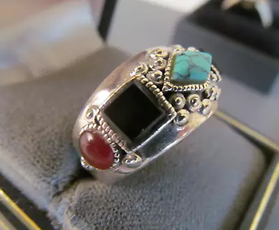 Chunky Vintage Sterling Turquoise Onyx Ring Size 8 Signed MO 7.7g • $36