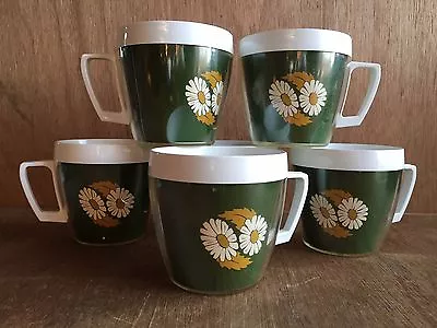 Vintage West Bend Thermo Serv Cups Mugs Retro Green W Daisy  Set Of 6 Seven RARE • $24