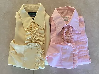 2 Vtg 60s/70s Ruffle Tuxedo Prom Shirt Joe Namath (16) & Lion (16.5) Yellow Pink • $64