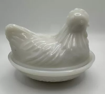 Vintage Milk Glass Chicken Hen On A Nest Basket Trinket Candy Butter Dish AS IS • $12