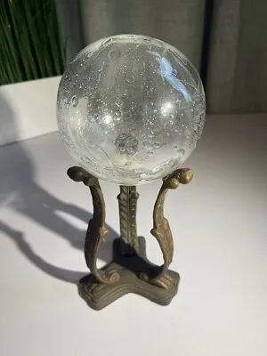 VTG Blown Glass Clear Crystal Ball On Heavy Ornately Decorated Brass Stand 11  • $79