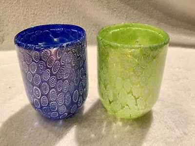 2 ‘Glass Of Italy’ Murano Millifiore Glass Tumblers Blue And Spring Green • $70