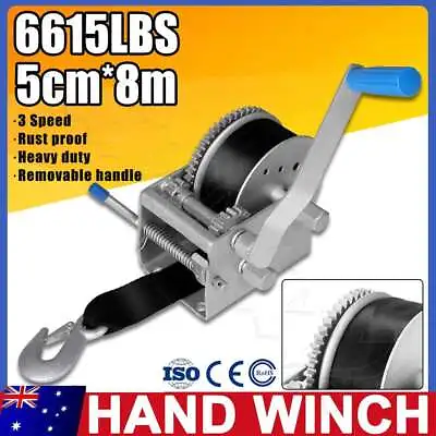 Hand Winch 4x4 3000KG/6615LBS 3 Speed Dyneema Webbing Strap Boat Car Marine 4WD • $62.99