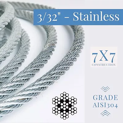 Laureola 3/32 Inch Stainless Steel Aircraft Cable Wire Rope 7x7 Strand 304 Grade • $27.95