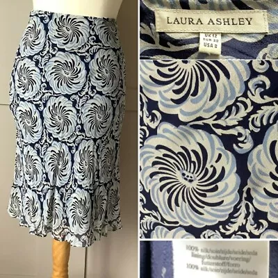 Laura Ashley Pure Silk Navy Blue Floaty Flare Midi Skirt 12 Summer Chrysanthemum • £12