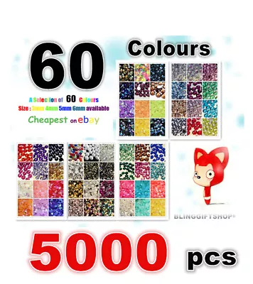 60 COLOURS PACK X 5000 RESIN FLAT BACK RHINESTONES DIAMANTE CRAFT GEMS 3/4/5/6MM • £12