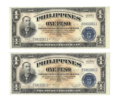 $62.50 • Buy PHILIPPINES 1 Peso 1944, P-94 Victory Series, 2x Consecutive S/Ns UNC - , Mabini