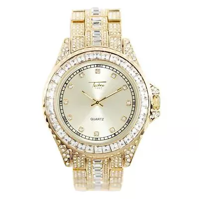 Techno Pave Men's Hip Hop Gold Plated Iced Metal Band Watches 9161-101A • $26.95