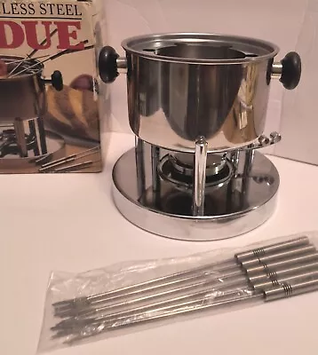 Vintage Fondue Set Stainless Steel Chrome 10 Pc Set 6 Forks Retro Entertaining  • $26