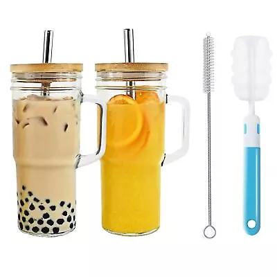 Glass Cups With Lids And Straws Mason Jar Glass Tumbler 2 Pack Iced Coffee ... • $39.88