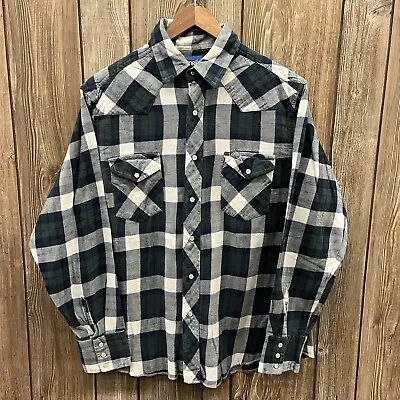 Vintage Wrangler Pearl Snap Flannel Plaid Western Shirt (Green) Mens Size Large • $20