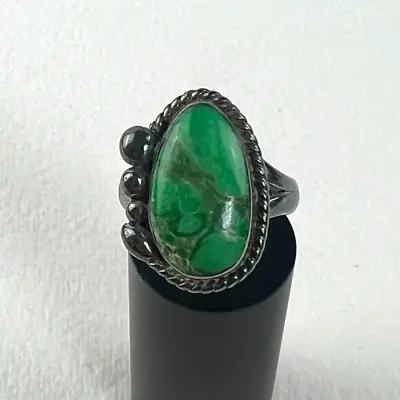 Vintage Native American Green Turquoise Sterling Ring ~6.5 Handmade Silver Drops • $50