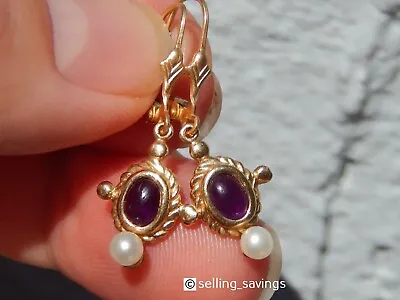 14k Yellow Gold Amethyst & Pearl Byzantine Leverback 1.3 Inch Drop Earrings • $335