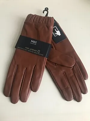 M&s Fine Leather Cuffed Leather Warm Lined Conker Brown Luxury Gloves S M L • £13.99