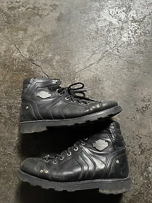 Harley Davidson Moto Men’s 11 Black Leather Zip Boots Weathered Vintage Badges T • $30