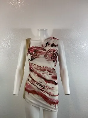 Vtg Jean Paul Gaultier Soleil Red Marbled Print White Asymmetrical Mesh Top M • $258