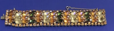 $9.95 • Buy Vintage Emerald Green, Topaz & Jonquil Glass Rhinestone Wide Bracelet For Fall