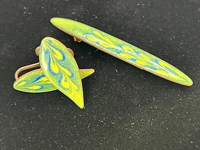 Vtg 1940s Signed Hand Painted Enamel & Copper Green Blue Brooch & Earrings Set • $28.50