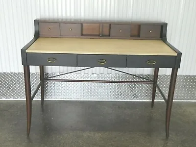 Tommi Parzinger Style Grass Cloth Wrapped  Leather Top Wood Desk • $1200