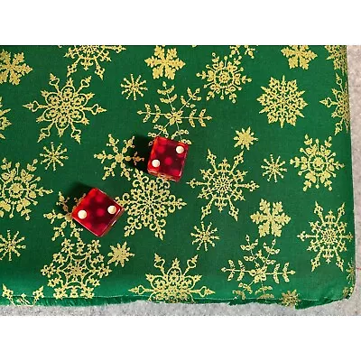 Green Snowflake  Gold Metallic Cotton Christmas Holiday Fabric Choice Of Size • $2.50