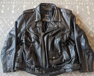 Men's Leather King Black Leather Belted Biker Jacket Motorcycle Grunge Size 52 • $109.99