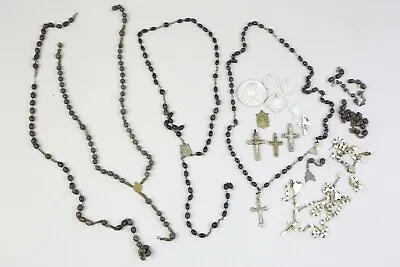 £121.04 • Buy Vintage ROSARY Necklace Wood Beads Medals Mother Of Pearl Cross Medallions Parts