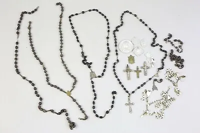 Vintage ROSARY Necklace Wood Beads Medals Mother Of Pearl Cross Medallions Parts • $199.99