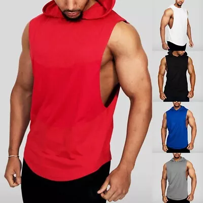 Men's Casual Hooded Tank Top Muscle T Shirt Gym Workout Sleeveless Vest • £13.24