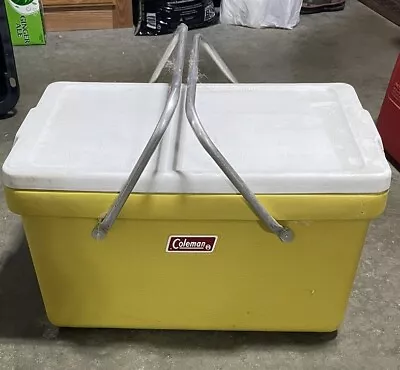 Vintage 1970's  COLEMAN Double Metal  Handled Cooler Yellow With Spout • $99.99