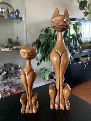 Pair Vtg  Mid Century Hand Carved Teak Wood Siamese Cat Sculpture 13” 10” • $69.99