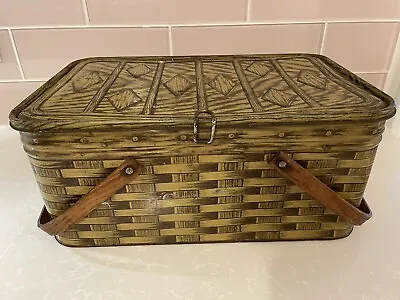 Vintage Brown Basket Tin Metal Picnic Basket W/Wooden Handles • $28